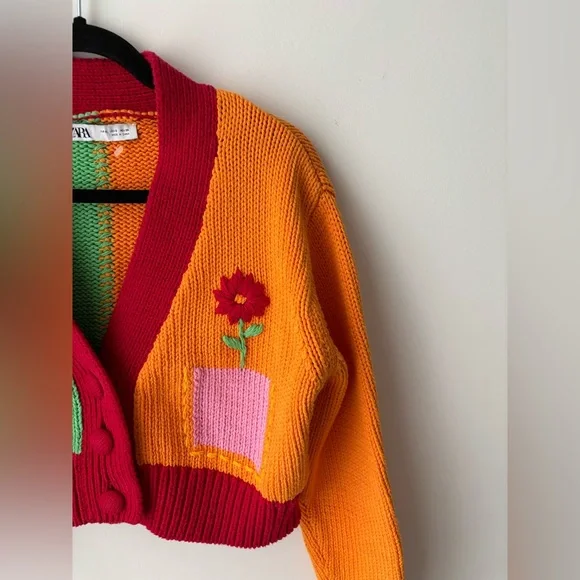 Zara Colorblock Cropped Cardigan Sweater Cottagecore Sun Moon Floral - Picture 2 of 11